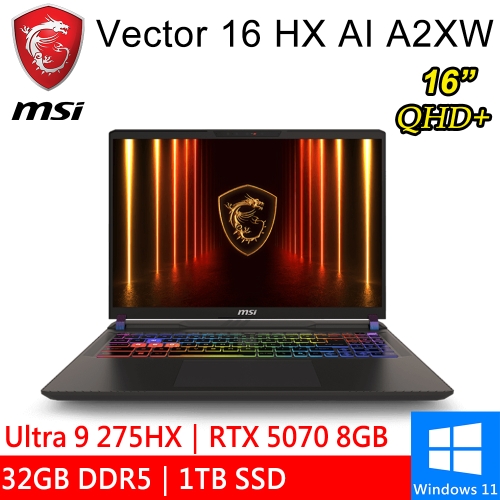 微星 Vector 16 HX AI A2XWGG-008TW 16吋 灰(Intel Ultra 9 275HX/32G DDR5/1TB PCIE/RTX5070 8G/W11)