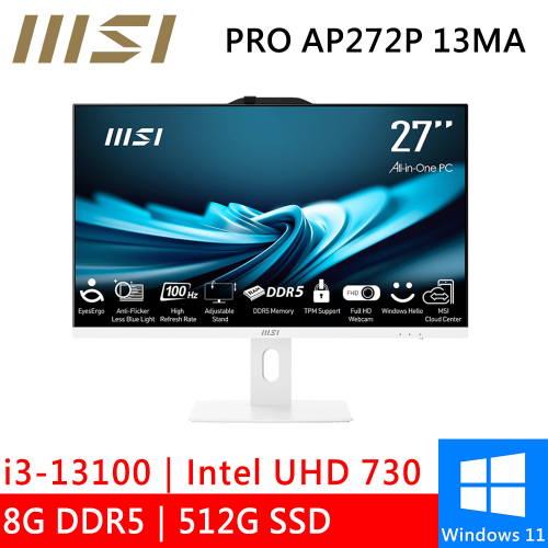 微星 PRO AP272P 13MA-480TW 27型 白(i3-13100/8G DDR5/512G PCIE/W11)