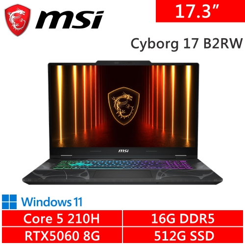 微星 Cyborg 17 B2RWFKG-263TW 17.3吋 黑(Intel Core 5 210H/16G DDR5/512G PCIE/RTX5060 8G/W11)